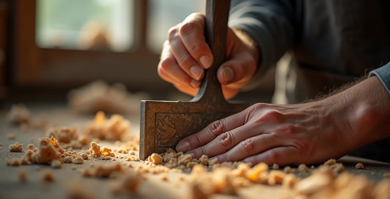 Mains d'artisan travaillant le bois avec outils traditionnels dans un atelier éclairé