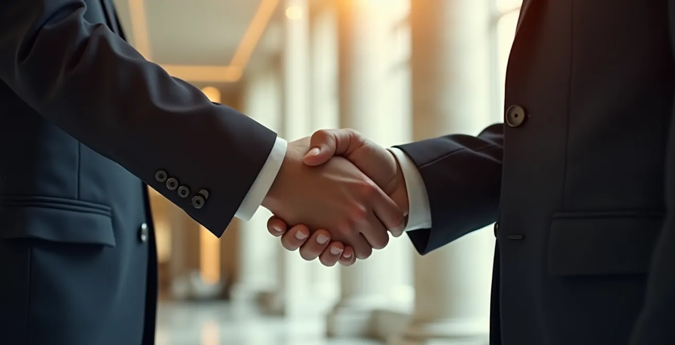 Poignée de main entre client et architecte dans un intérieur luxueux baigné de lumière naturelle