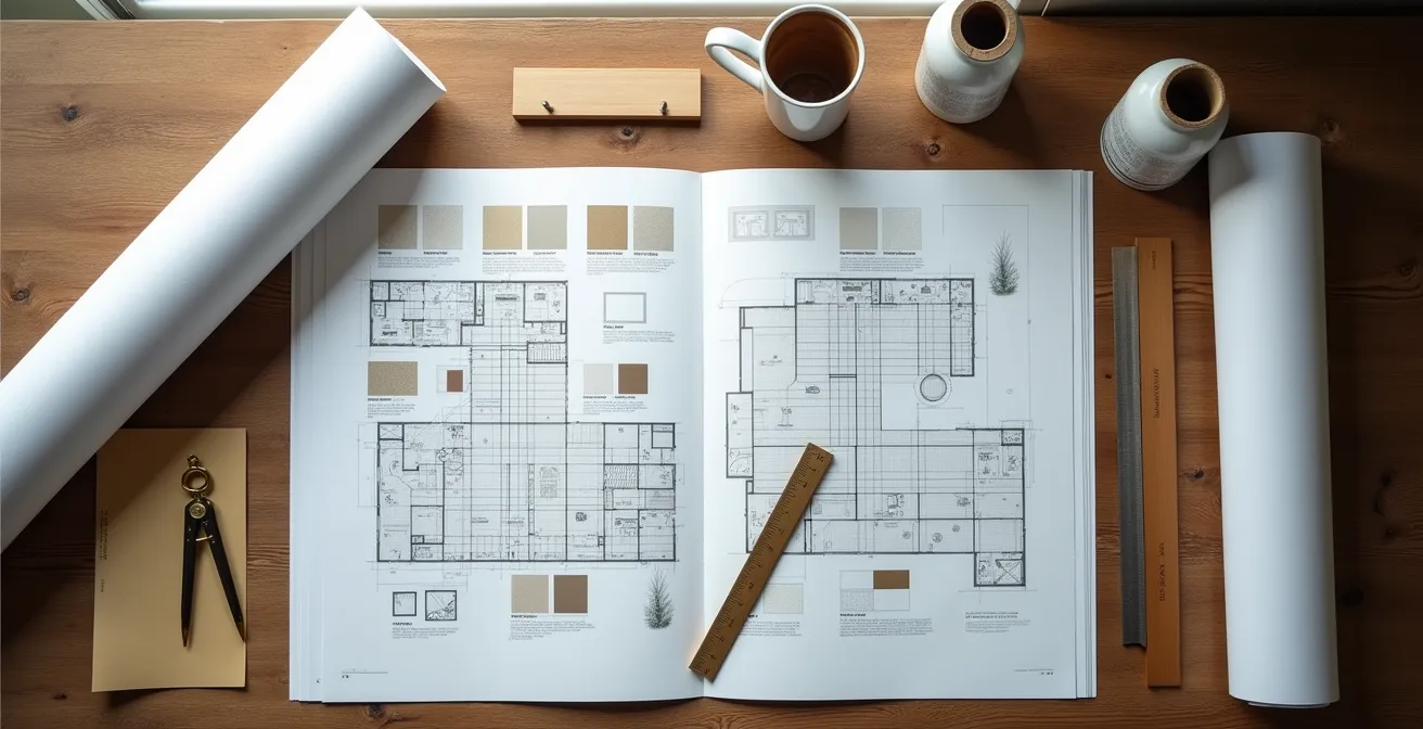 Vue aérienne d'une table de travail avec plans architecturaux et échantillons de matériaux nobles