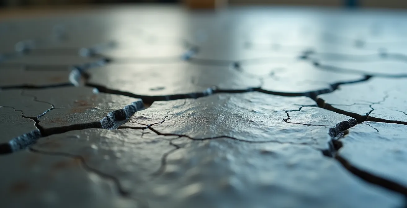 Gros plan sur une fissure dans un revêtement époxy montrant la texture du matériau