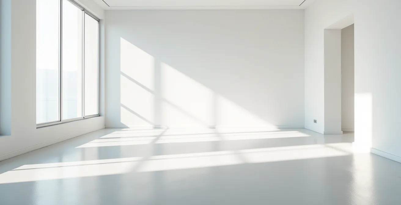 Intérieur moderne avec sol époxy montrant les reflets lumineux et l'ambiance acoustique