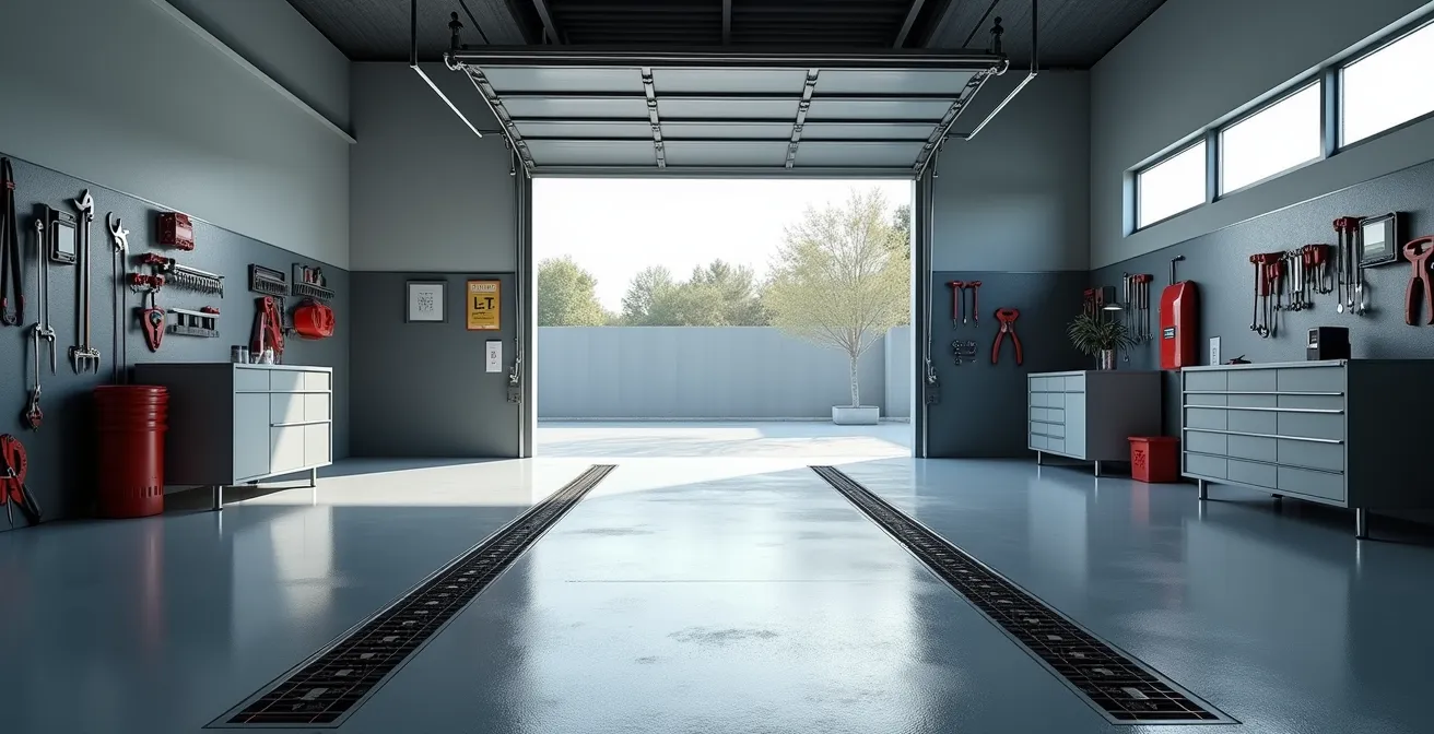 Vue d'ensemble d'un garage moderne avec système de protection époxy et aménagements préventifs