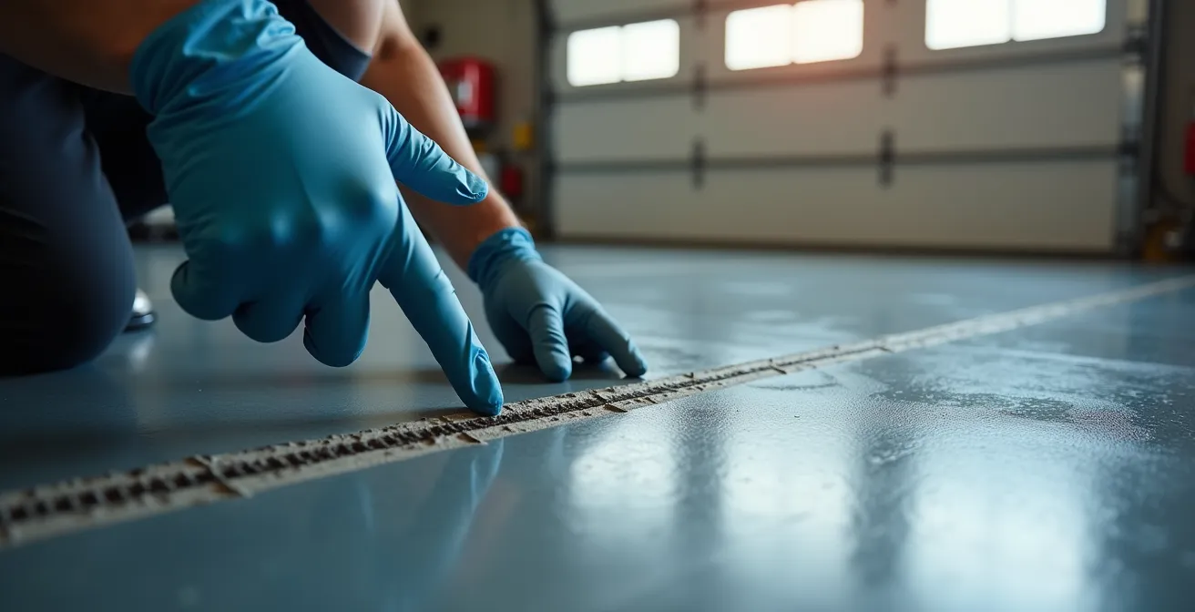 Gros plan sur l'inspection d'un joint périphérique dans un garage avec revêtement époxy