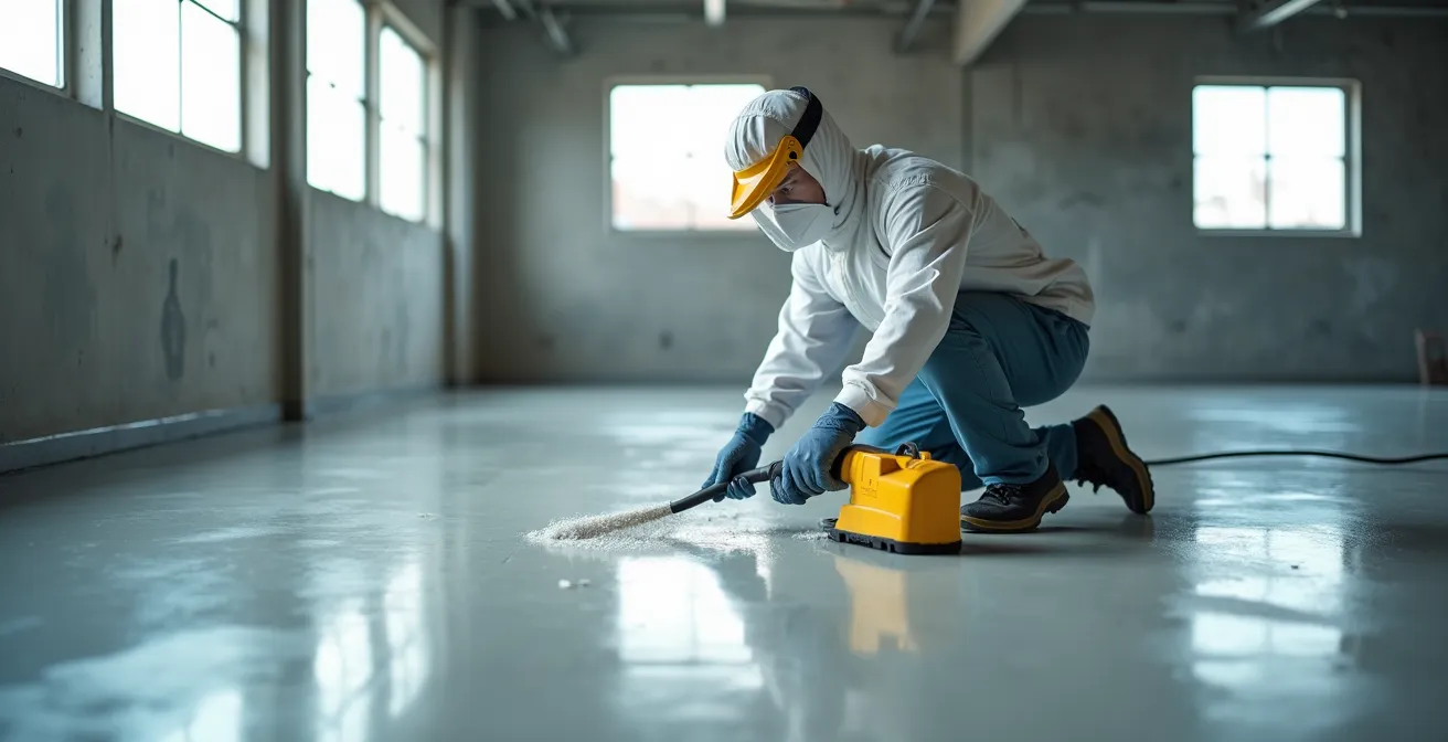 Professionnel appliquant de l'époxy avec équipement de protection complet