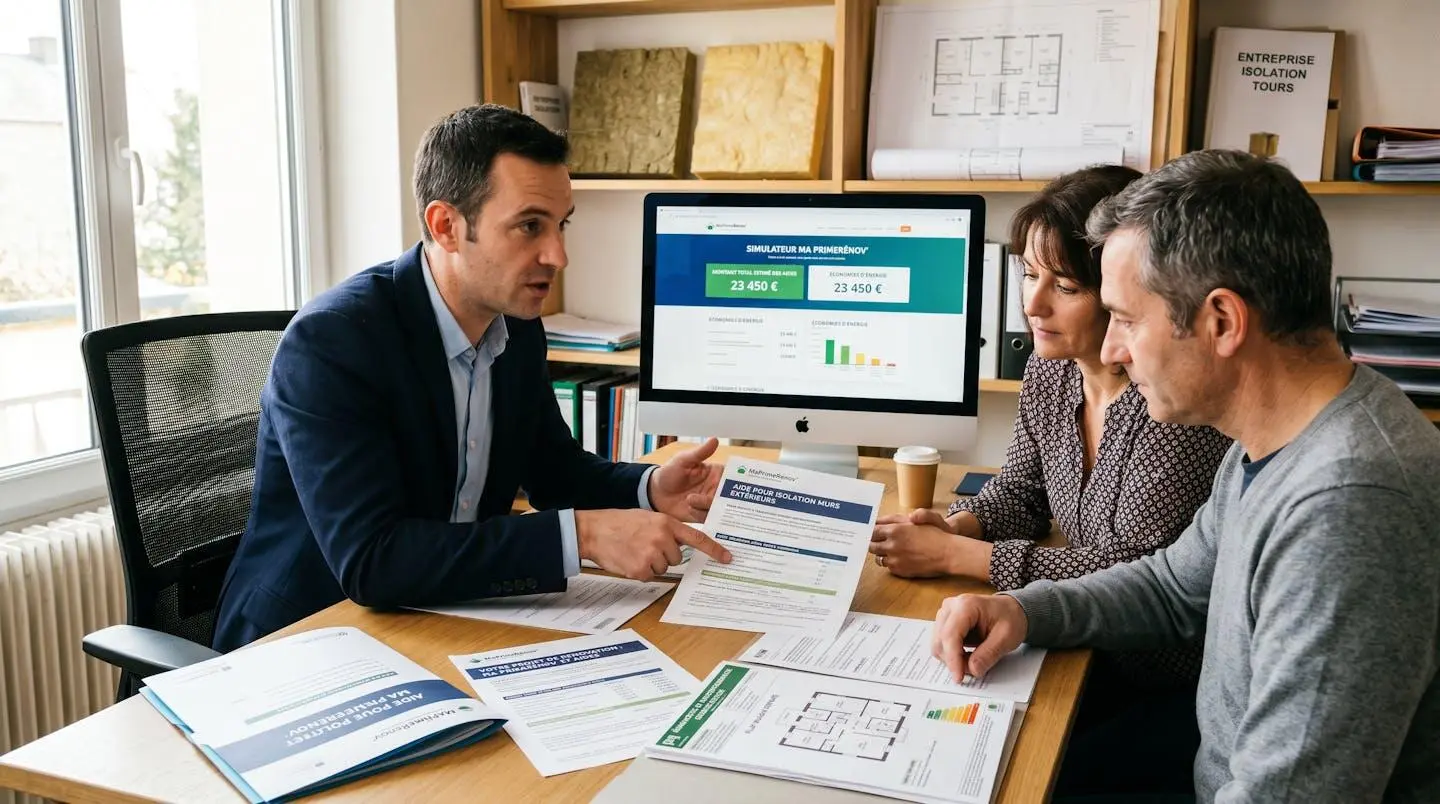 Conseiller énergétique expliquant dispositifs aides MaPrimeRénov' à couple propriétaires dans bureau entreprise rénovation Tours, documents officiels et simulateur aides visibles