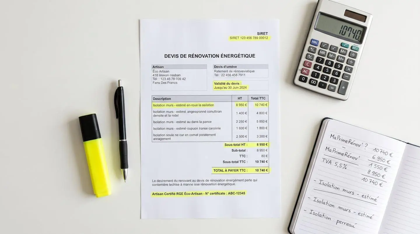 Vue de dessus d'un devis rénovation énergétique avec lignes importantes surlignées (SIRET, dates, certification RGE), stylo et calculatrice posés à côté