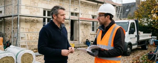 Propriétaire discutant avec technicien certifié RGE sur chantier rénovation énergétique maison pierre de tuffeau à Tours, matériaux isolation et échafaudage visibles