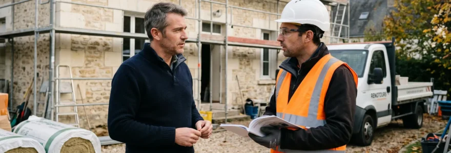 Propriétaire discutant avec technicien certifié RGE sur chantier rénovation énergétique maison pierre de tuffeau à Tours, matériaux isolation et échafaudage visibles